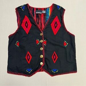 Vintage Notations Embroidered Southwestern Vest Black Red Geometric Size M